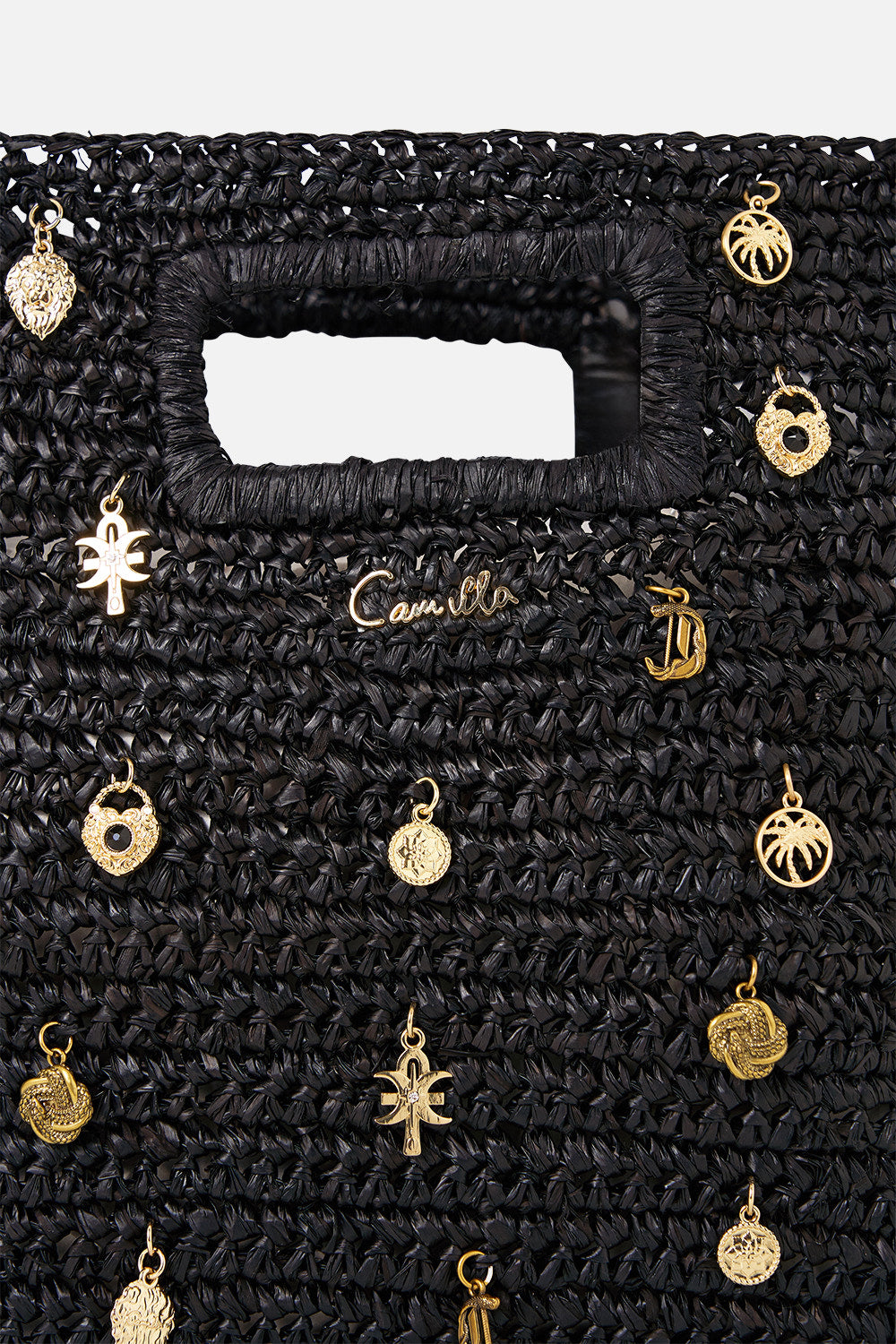 The CAMILLA RAFFIA MINI NORTH SOUTH TOTE WITH CHARMS SOLID BLACK