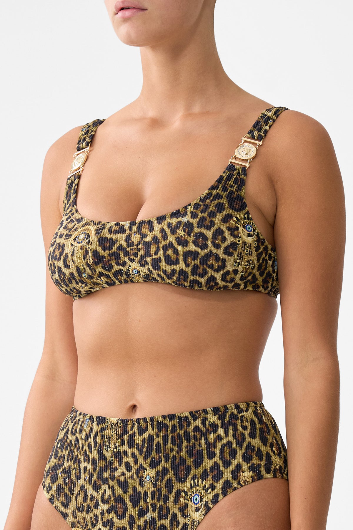 The CAMILLA CRINKLE STRETCH CROP BIKINI TOP WITH STRAP TRIMS FELINE FOLKLORE