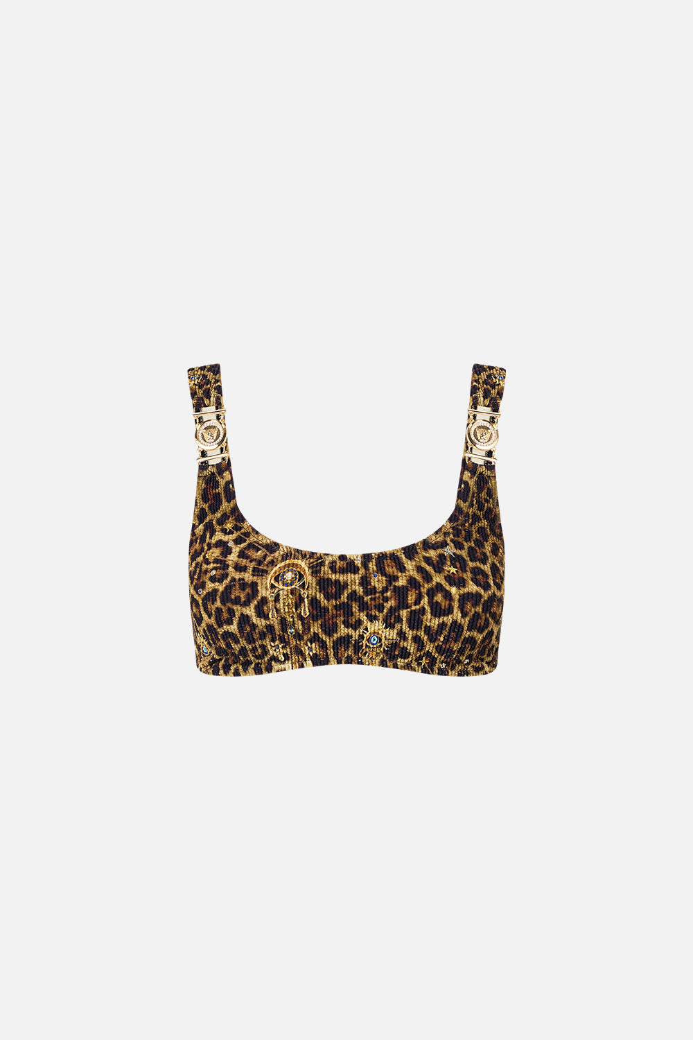 The CAMILLA CRINKLE STRETCH CROP BIKINI TOP WITH STRAP TRIMS FELINE FOLKLORE