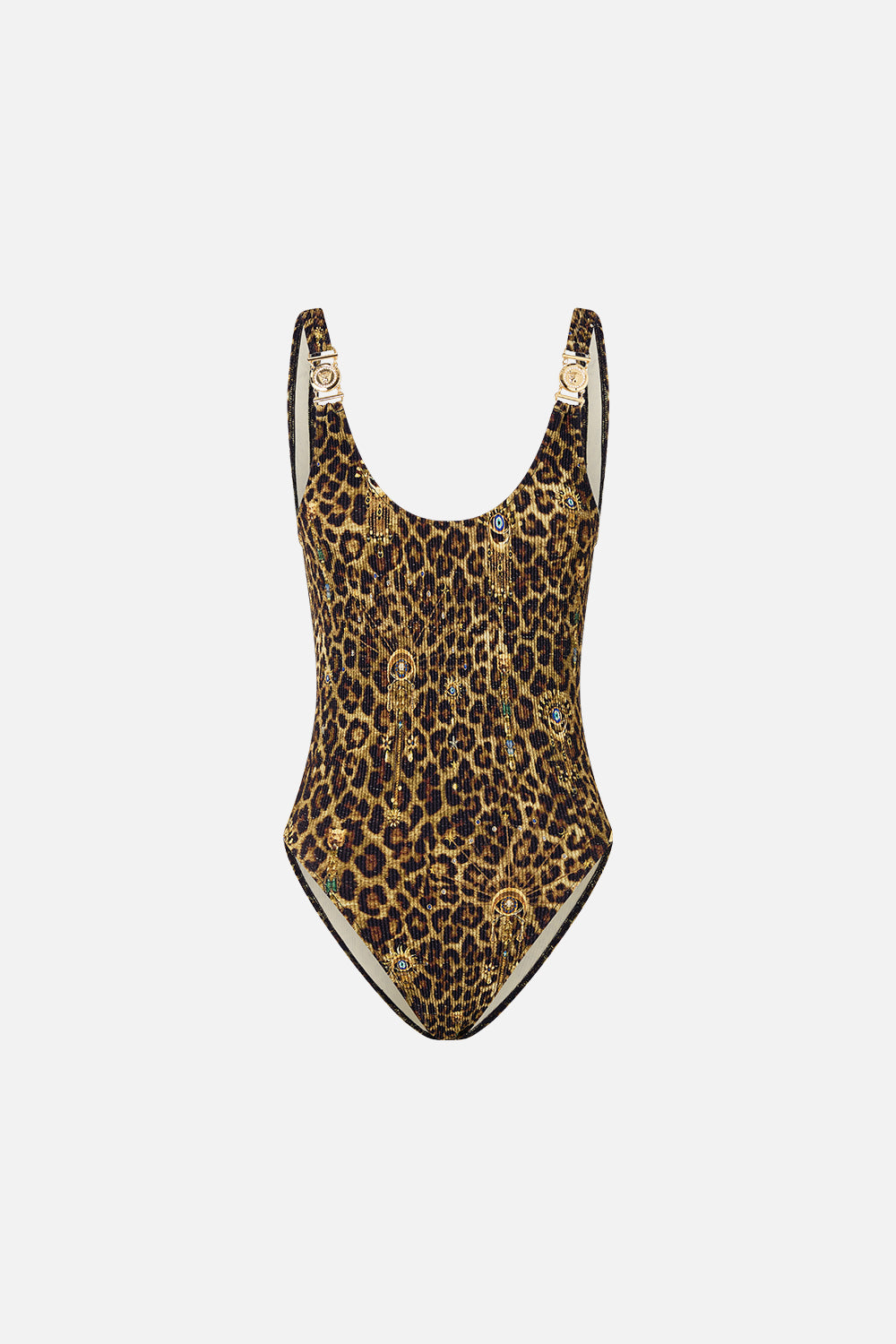 CRINKLE STRETCH SCOOP NECK ONE PIECE WITH STRAP TRIMS FELINE FOLKLORE