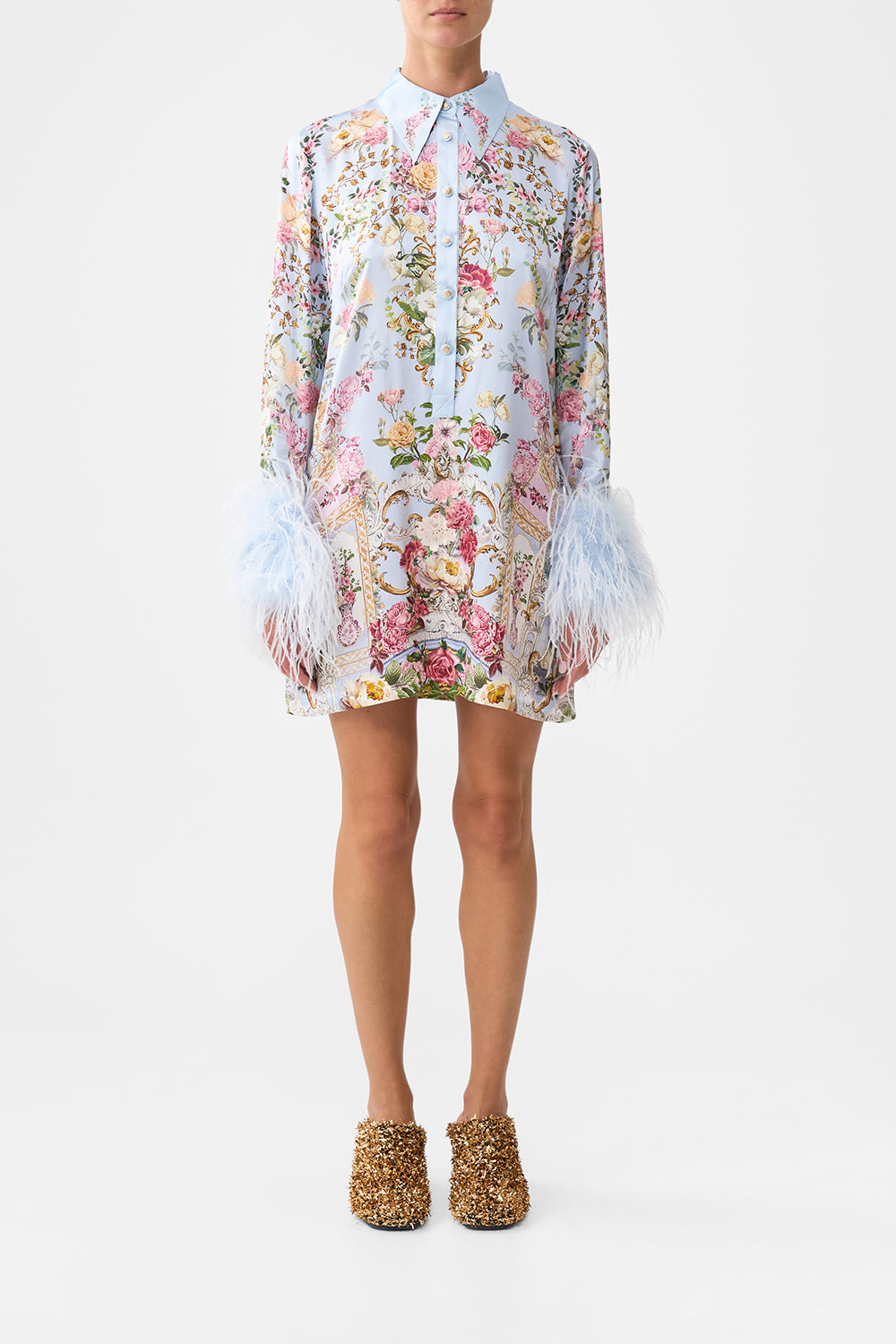 The CAMILLA MINI SHIRT DRESS WITH FEATHERS TILED IN TIMETILED IN TIME