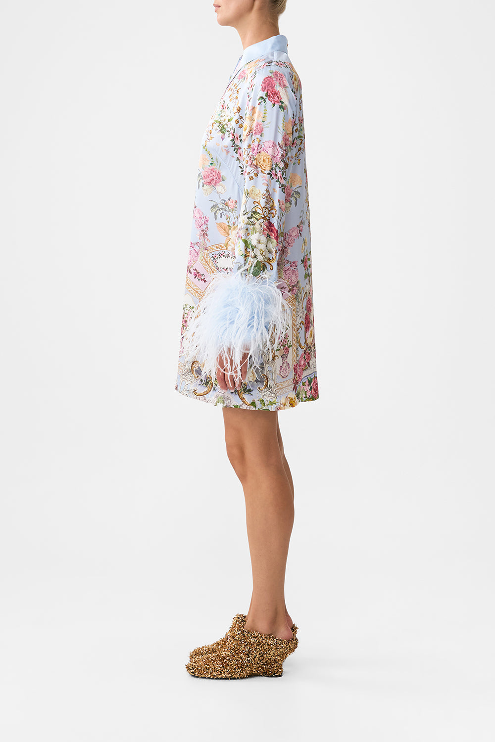 The CAMILLA MINI SHIRT DRESS WITH FEATHERS TILED IN TIME