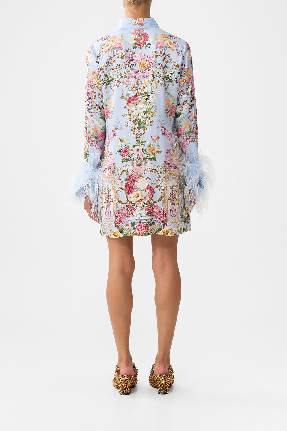 The CAMILLA MINI SHIRT DRESS WITH FEATHERS TILED IN TIME