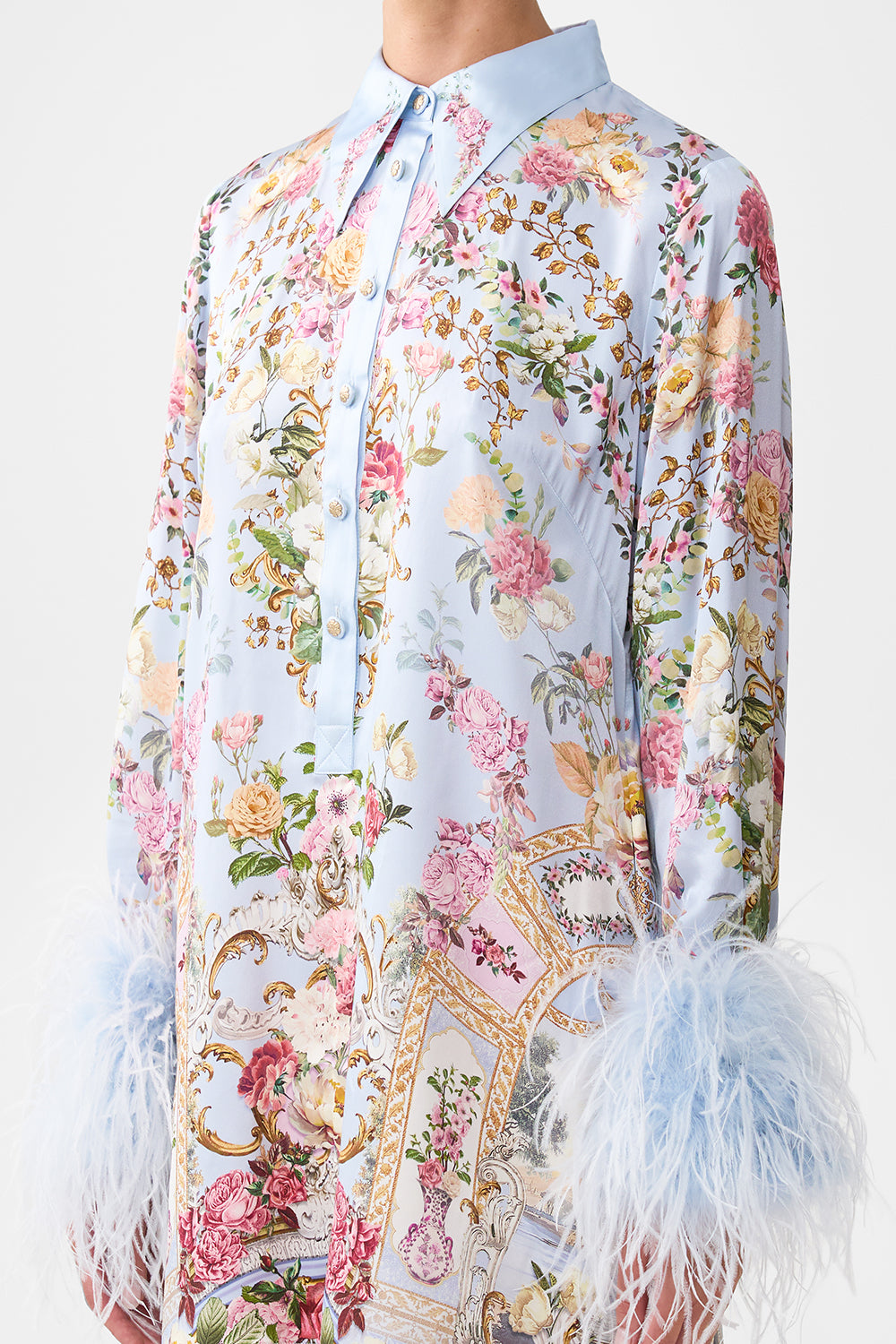 The CAMILLA MINI SHIRT DRESS WITH FEATHERS TILED IN TIME