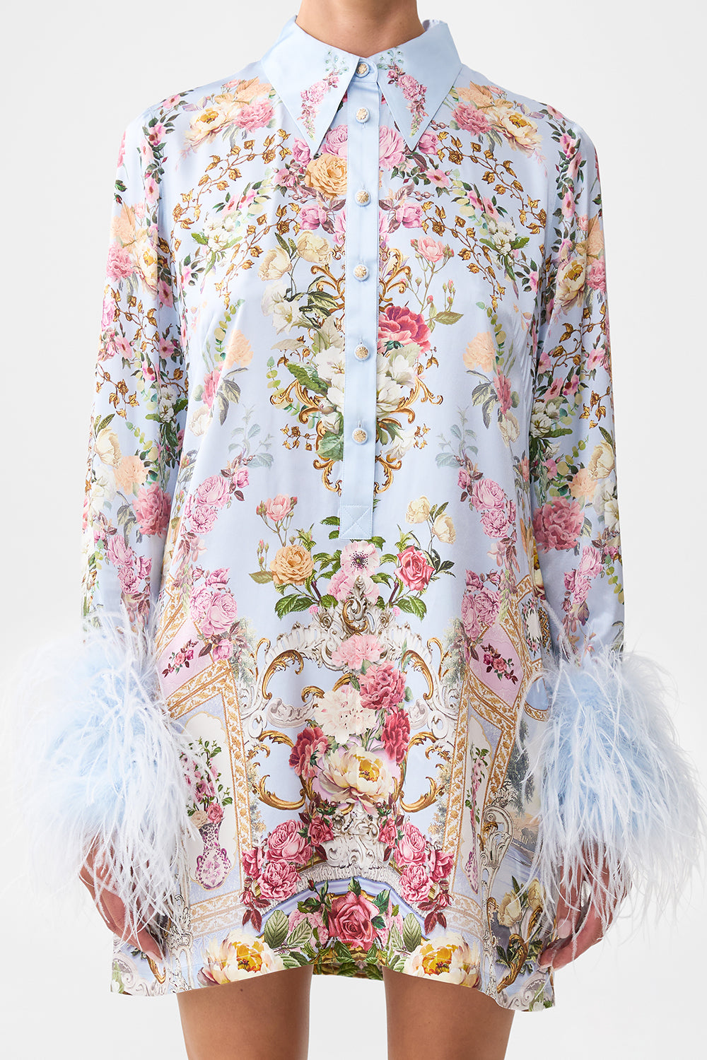 The CAMILLA MINI SHIRT DRESS WITH FEATHERS TILED IN TIME