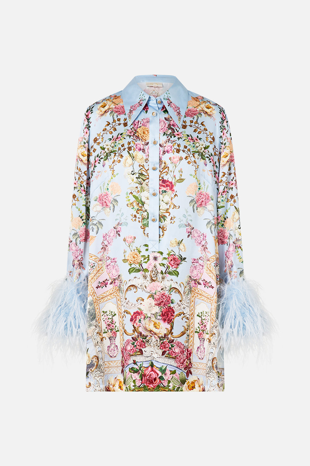 The CAMILLA MINI SHIRT DRESS WITH FEATHERS TILED IN TIME