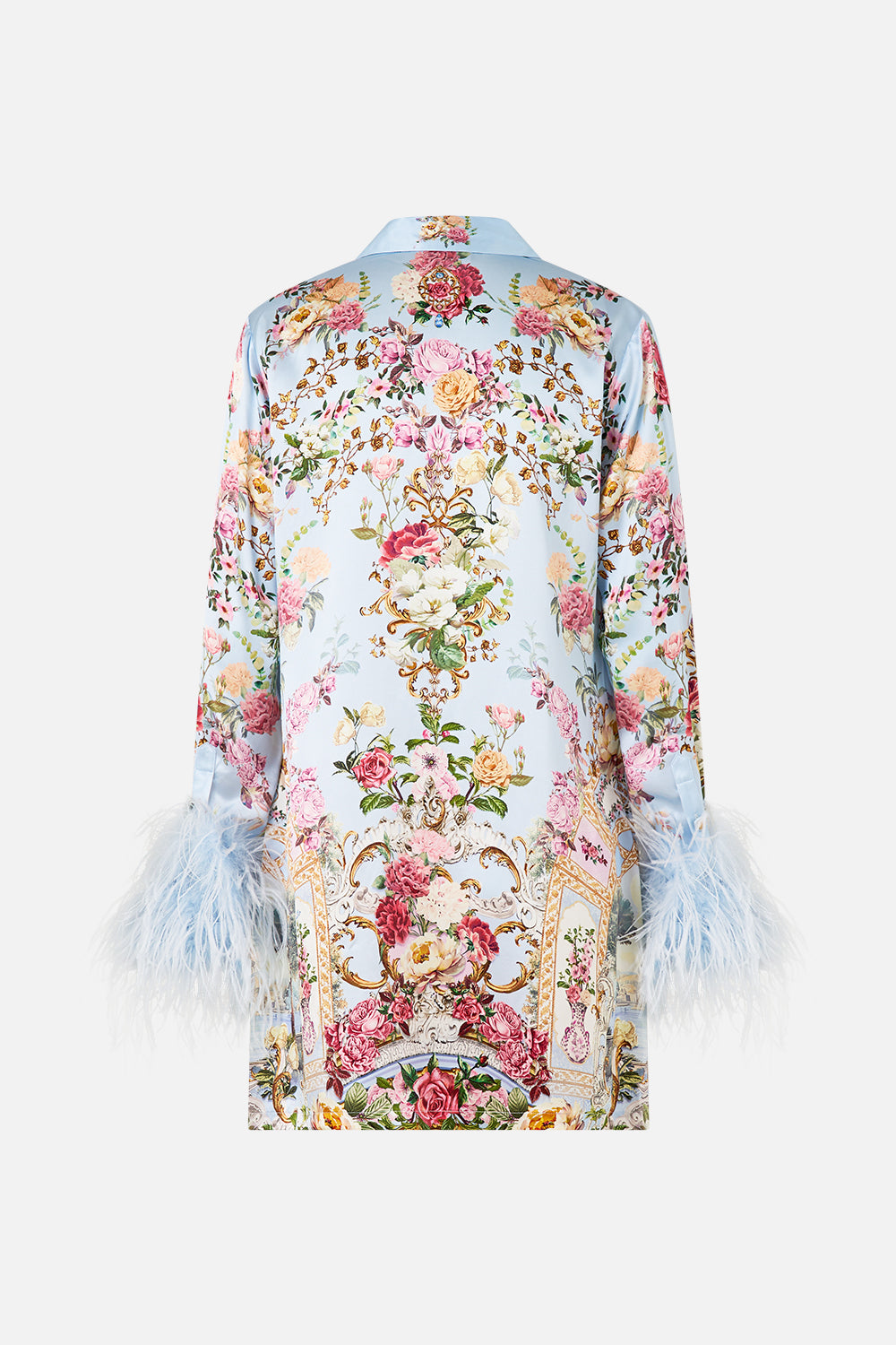 The CAMILLA MINI SHIRT DRESS WITH FEATHERS TILED IN TIME
