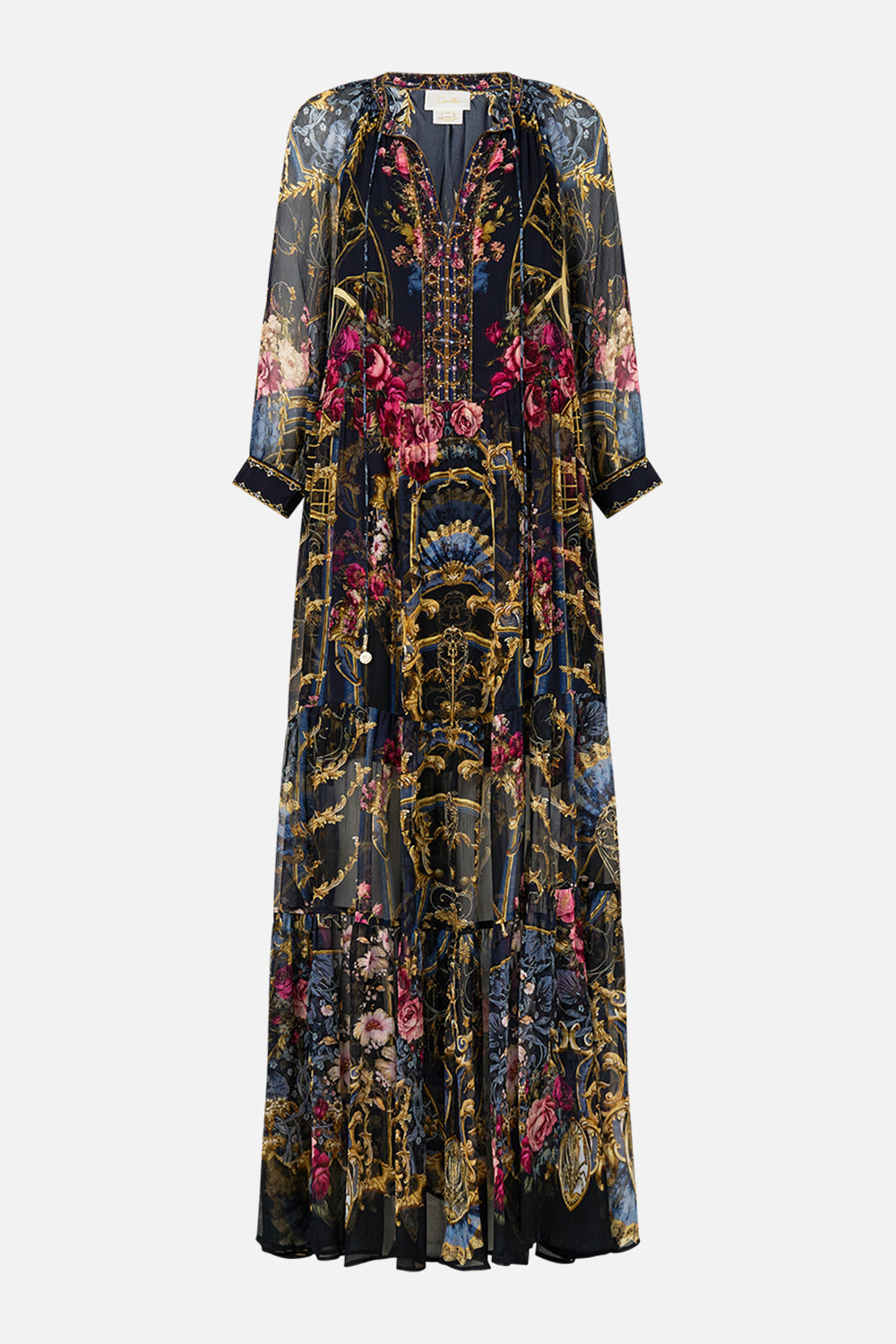 The CAMILLA Long Gathered Panel Dress in our Ornate On A Plate print.