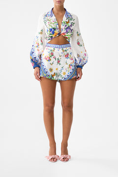 The CAMILLA Cropped Wrap Shirt in our Tiles Darls print.