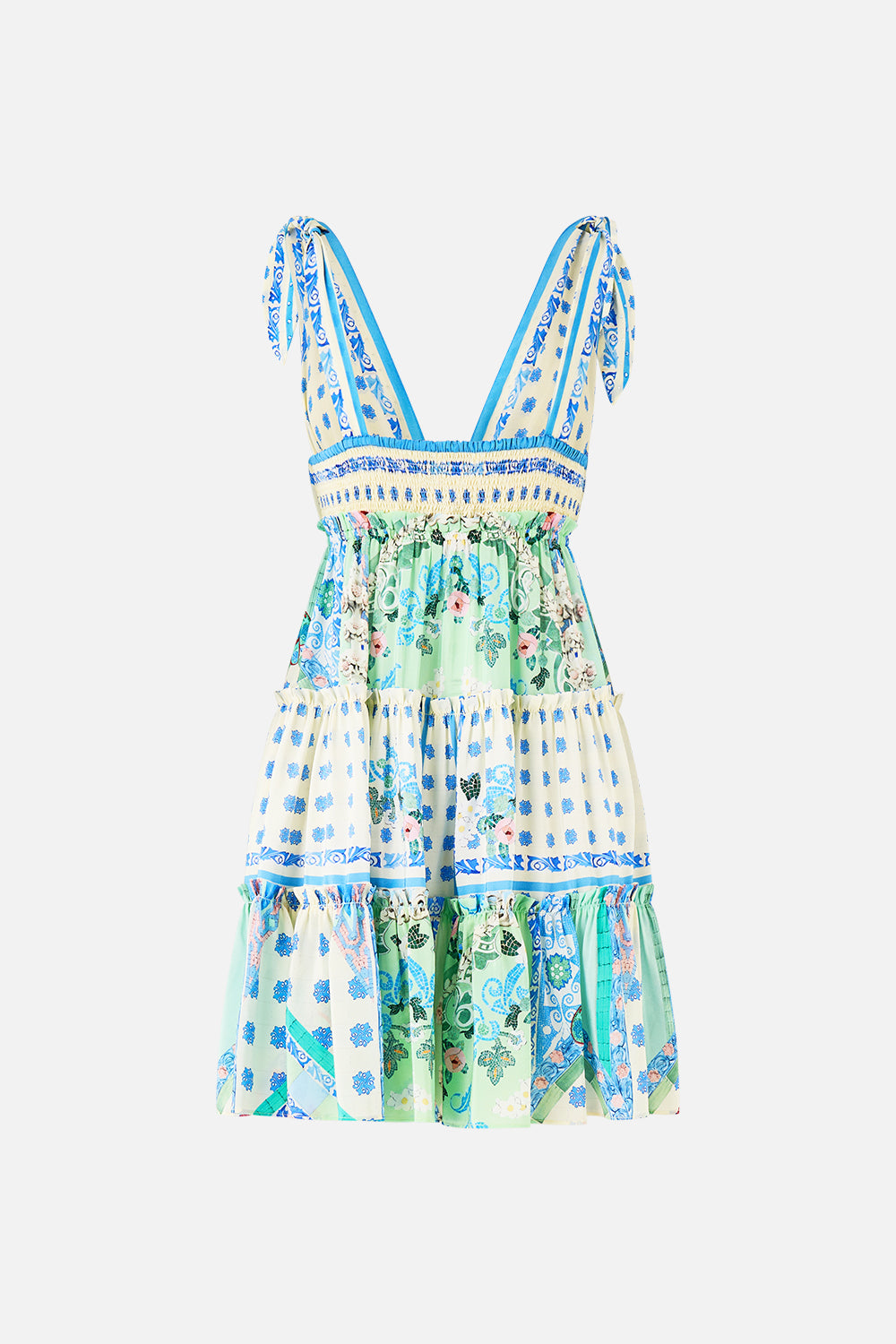 TIERED SHORT DRESS WITH SHOULDER TIES MIDSUMMER MOSAICS