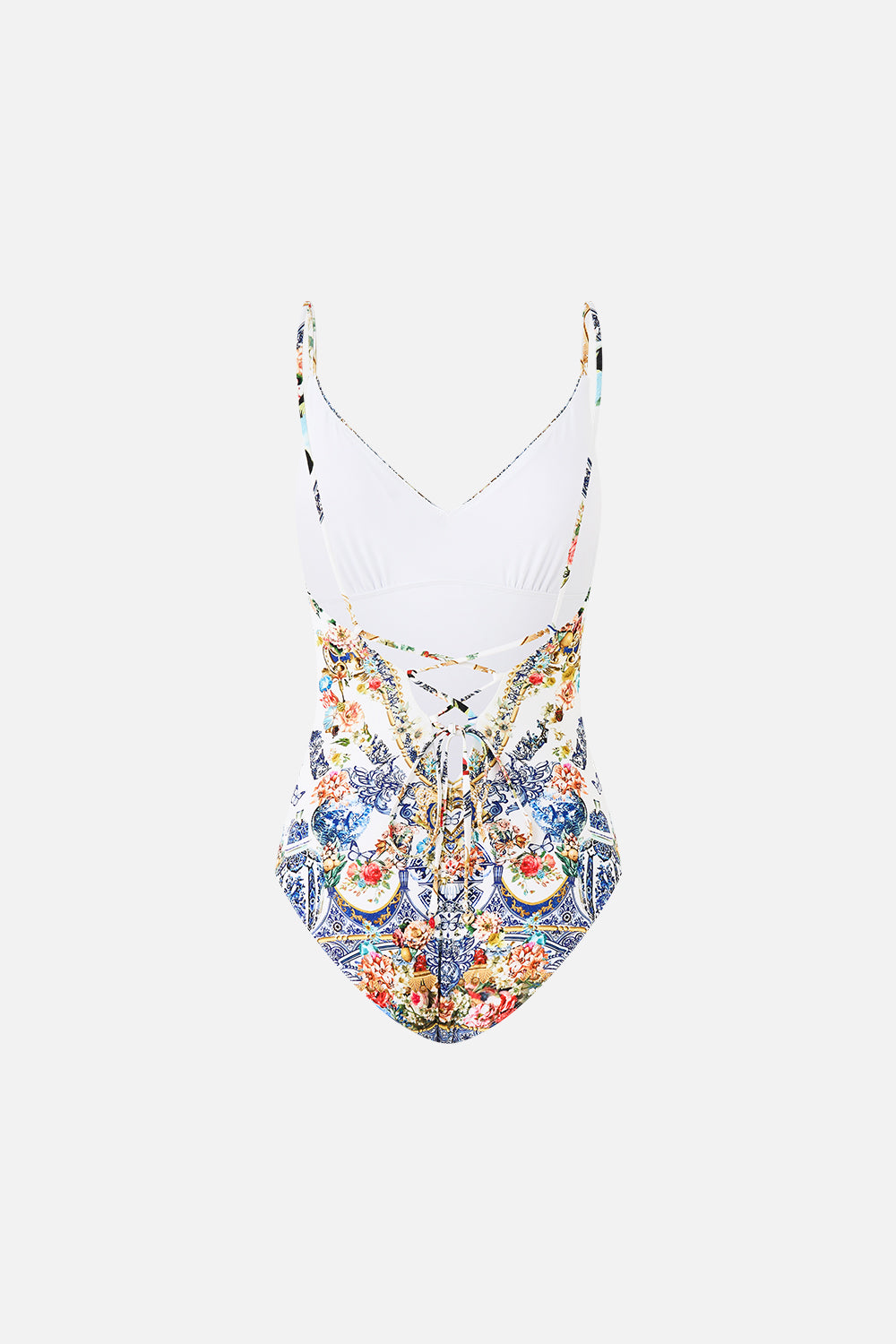 V NECK ONE PIECE WITH LACE UP TIE BACK THE POTTERY PARLOUR