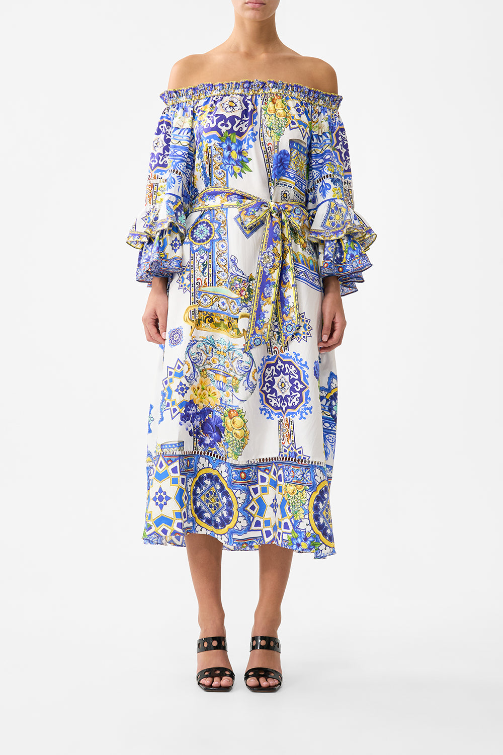 The CAMILLA OFF SHOULDER MIDI DRESS WITH FRILL SLEEVE ESPAÑA NIRVANAESPAÑA NIRVANA