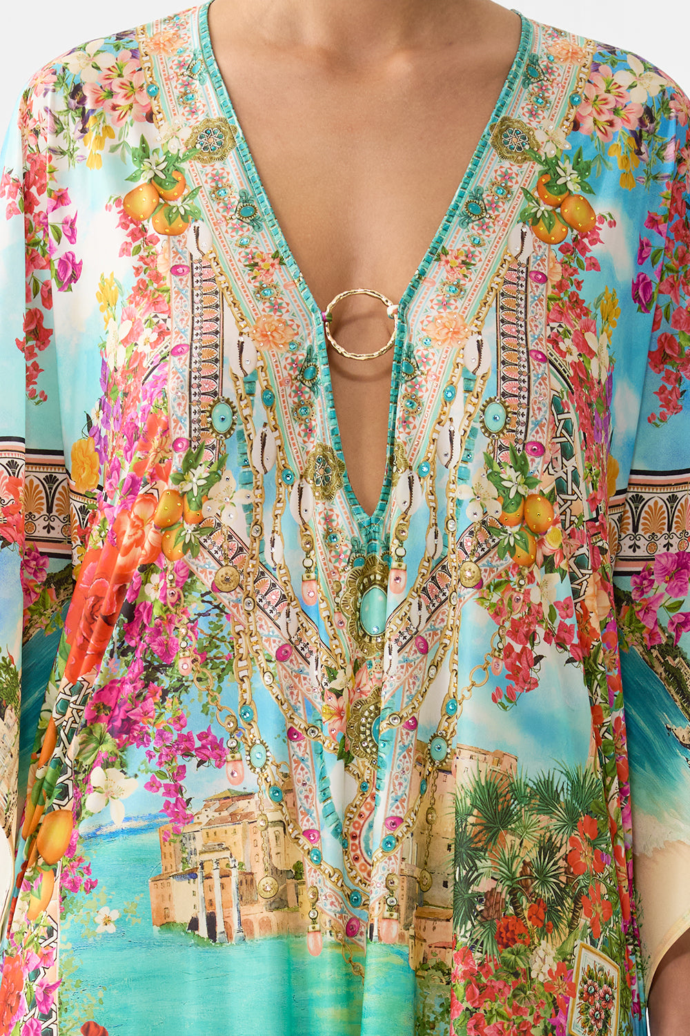 LONG V NECK KAFTAN WITH RING FRONT TRIM MEET ME IN MALLORCA