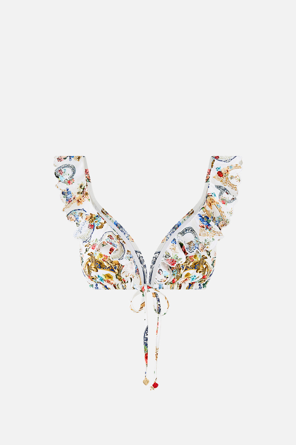 TIE FRONT TRI BIKINI TOP WITH FRILL NECK THE POTTERY PARLOUR
