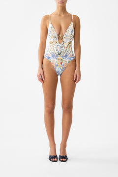 PLUNGE V NECK ONE PIECE WITH FRILL AND TRIM THE POTTERY PARLOUR