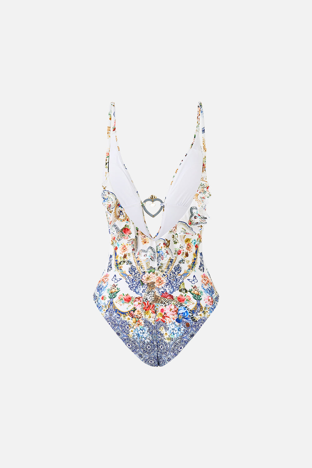 PLUNGE V NECK ONE PIECE WITH FRILL AND TRIM THE POTTERY PARLOUR