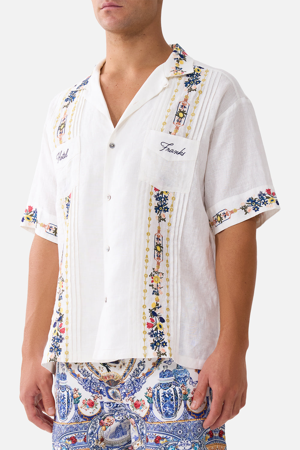 The CAMILLA EMBROIDERED SHORT SLEEVE PLEATED CUBAN SHIRT THE POTTERY PARLOUR