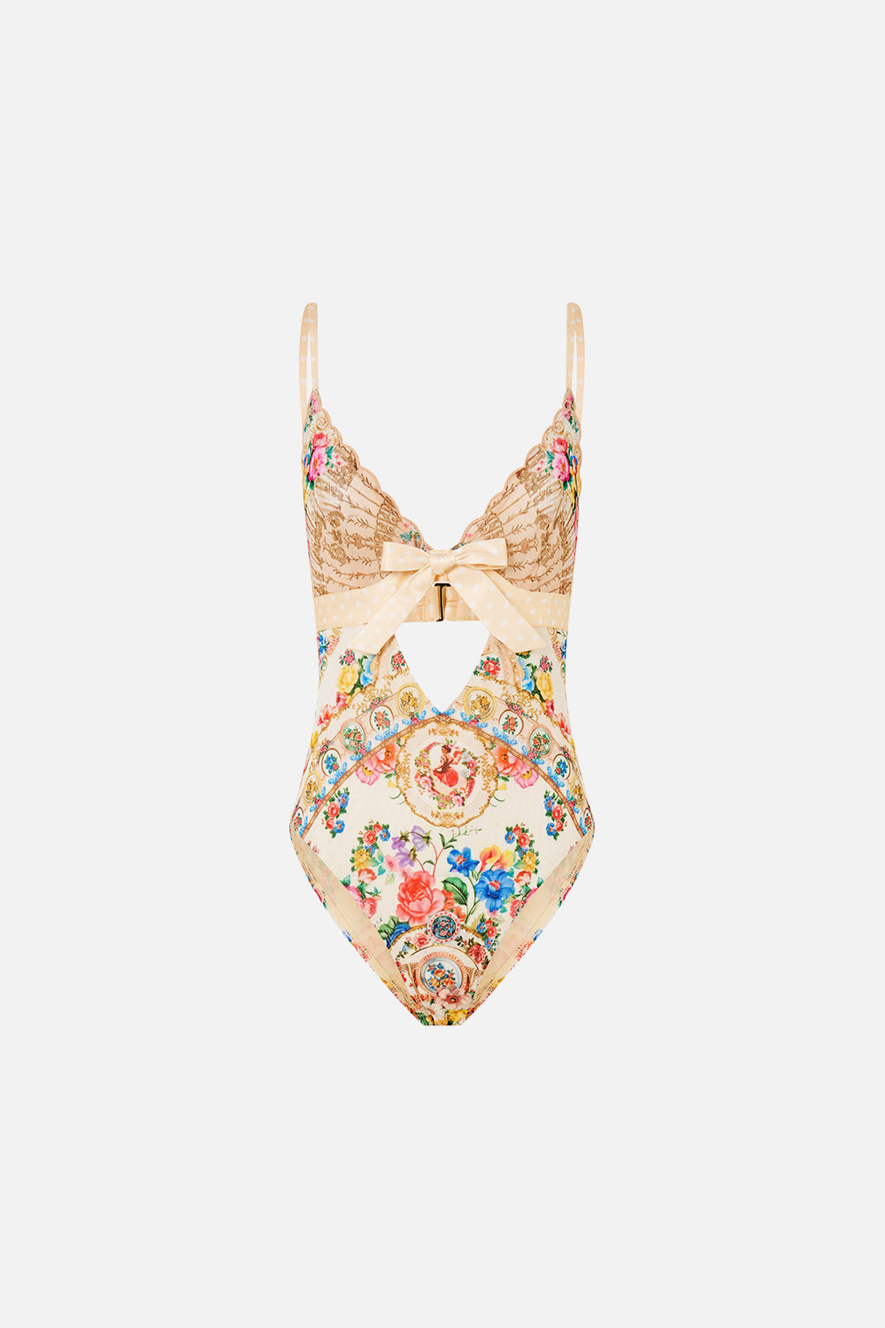 SCALLOPED EDGE TRI BODYSUIT WITH BOW FRONT I LEFT MY HEART IN GRANADA