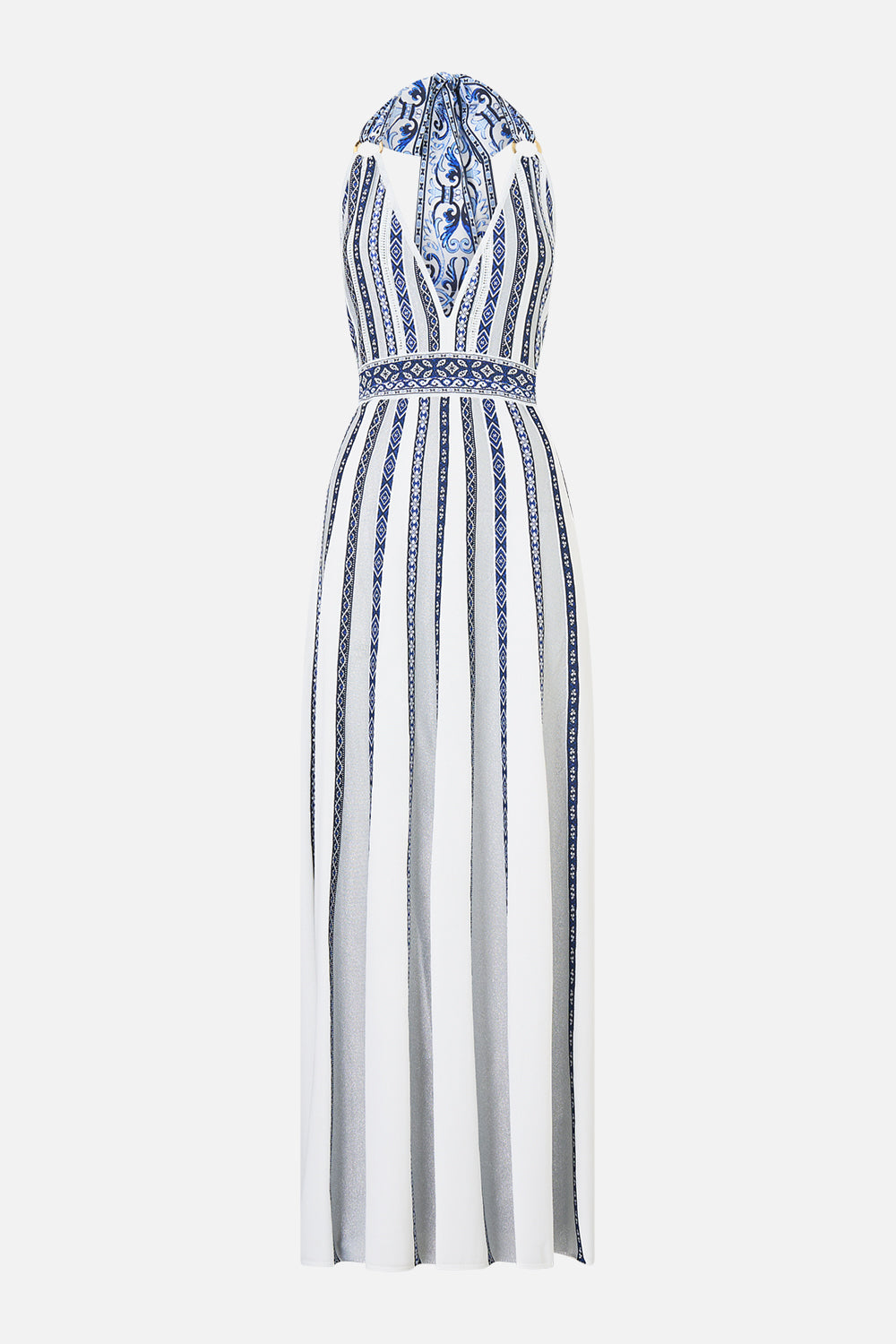 HALTER NECK KNIT DRESS WITH SILK TIE A TILED WONDERLAND