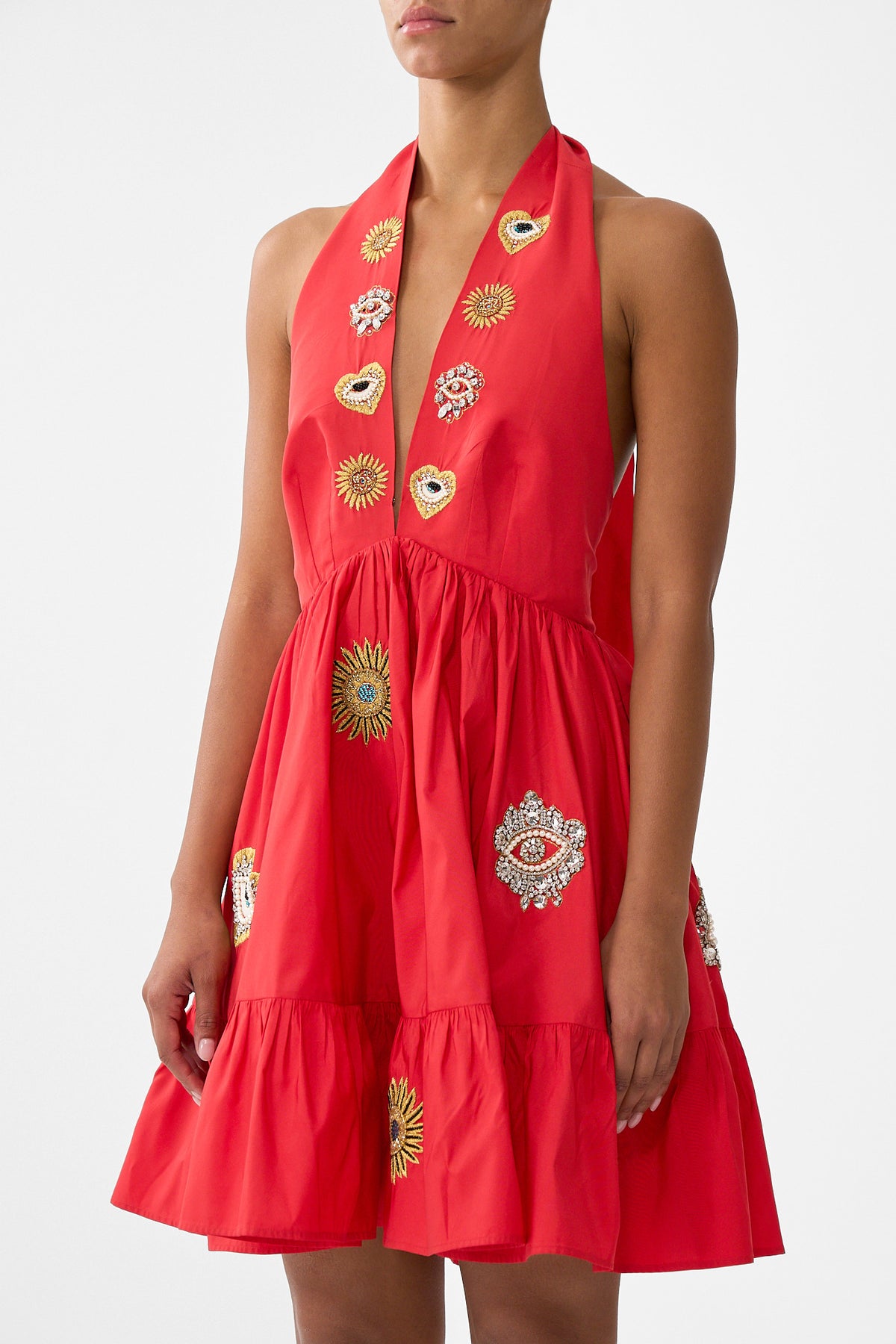 The CAMILLA RUFFLE HEM HALTER SHORT DRESS NAZAR NIRVANA