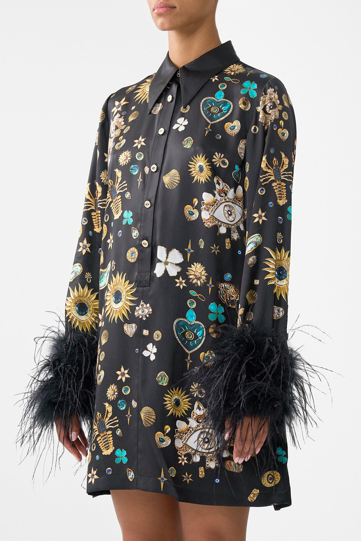 MINI SHIRT DRESS WITH FEATHERS AMULETS AND ALCHEMY