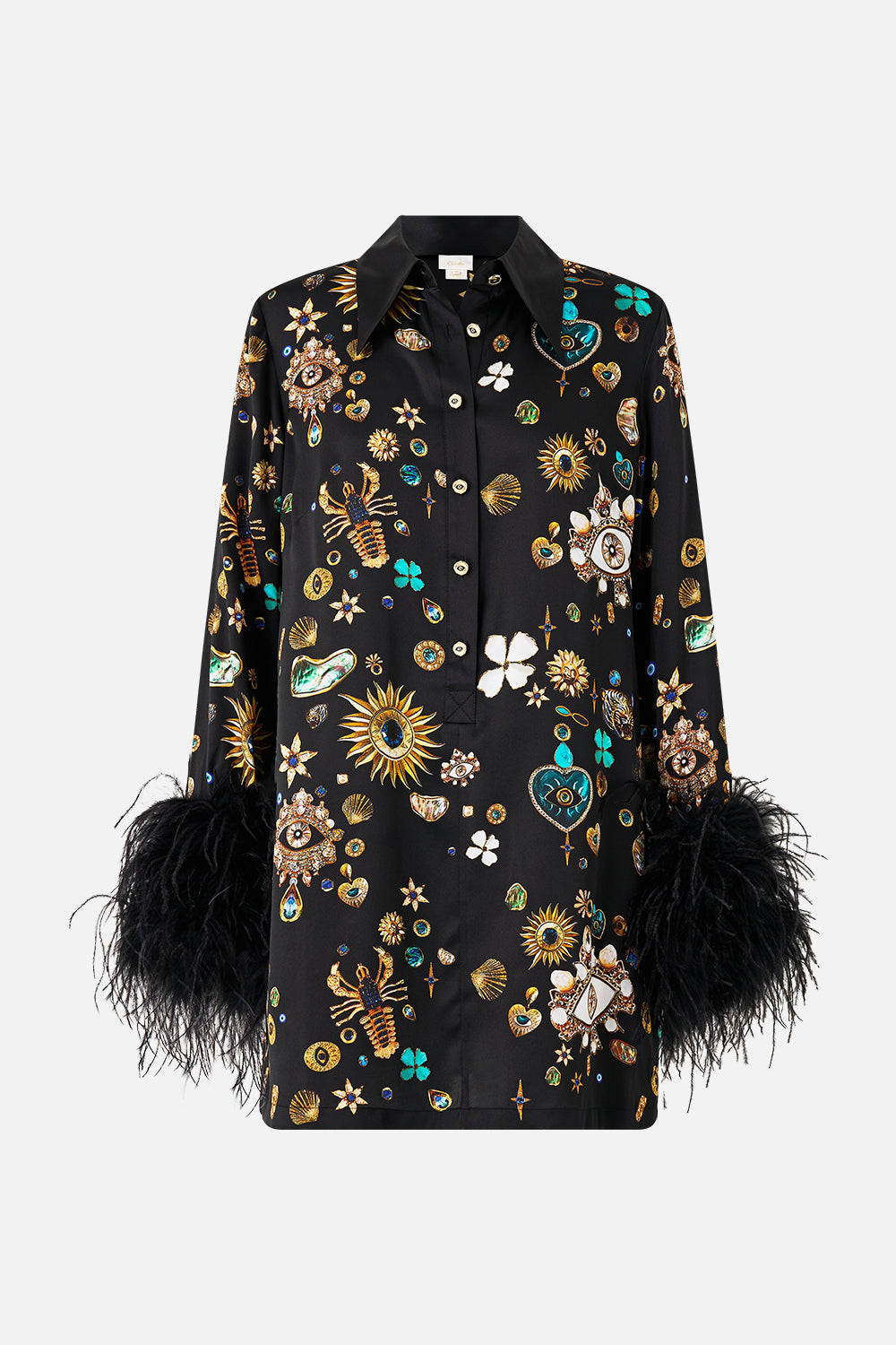 MINI SHIRT DRESS WITH FEATHERS AMULETS AND ALCHEMY