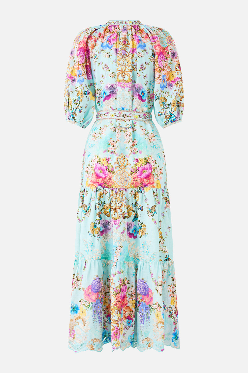 PUFF SLEEVE MIDI SHIRT DRESS WITH TIE BAZAAR BLOOMS