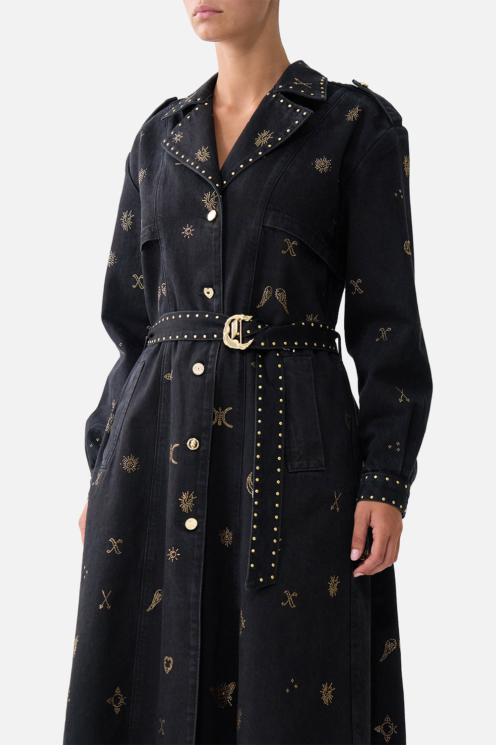 HEIRLOOM EMPIRE LONGLINE BELTED TRENCH COAT DENIM