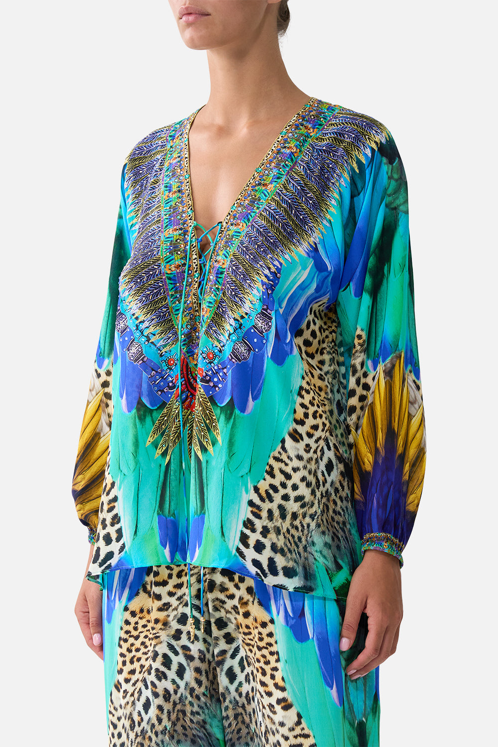 The CAMILLA LACE UP BLOUSE JUNGLE FLIGHT