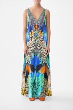 V NECK FLARED JUMPSUIT JUNGLE FLIGHT