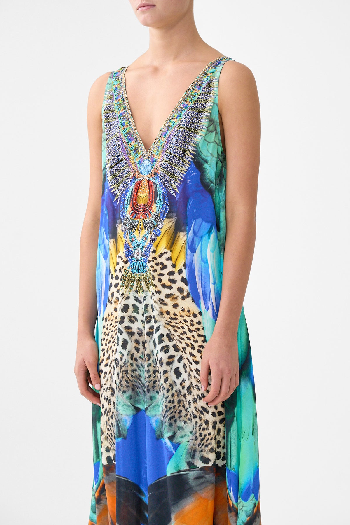 V NECK FLARED JUMPSUIT JUNGLE FLIGHT