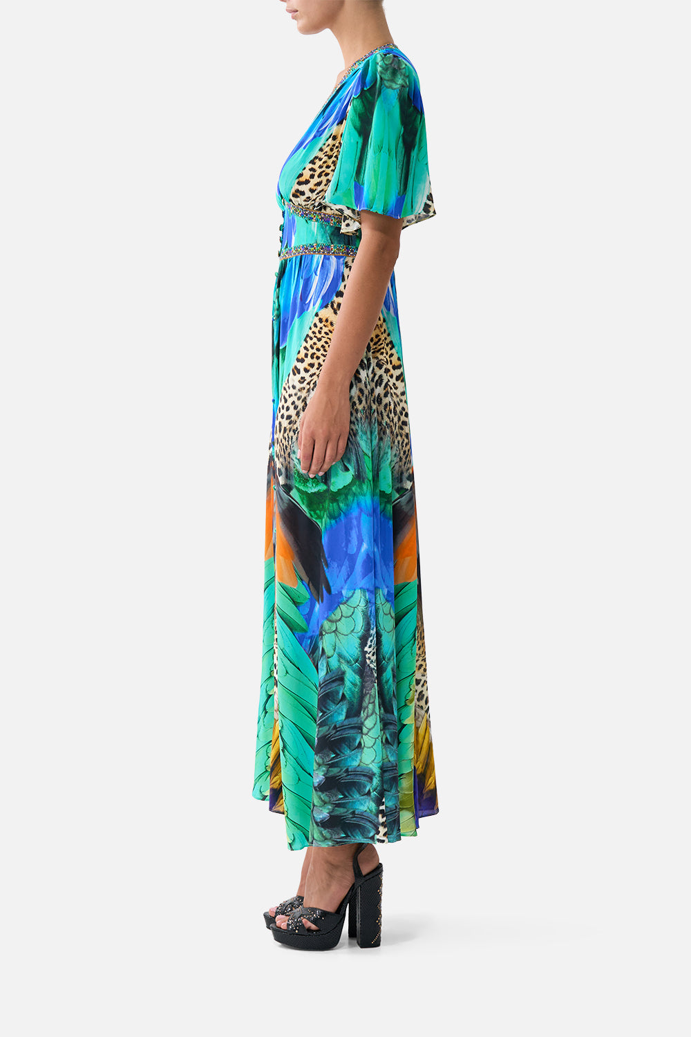 The CAMILLA SHAPED WAISTBAND DRESS WITH FLUTTER SLEEVES JUNGLE FLIGHT