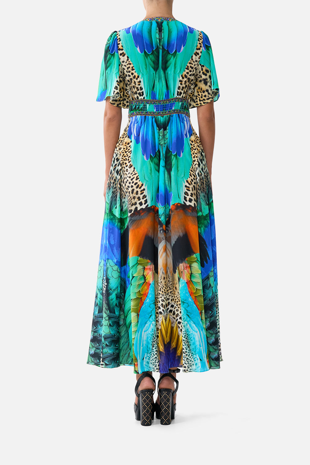 The CAMILLA SHAPED WAISTBAND DRESS WITH FLUTTER SLEEVES JUNGLE FLIGHT