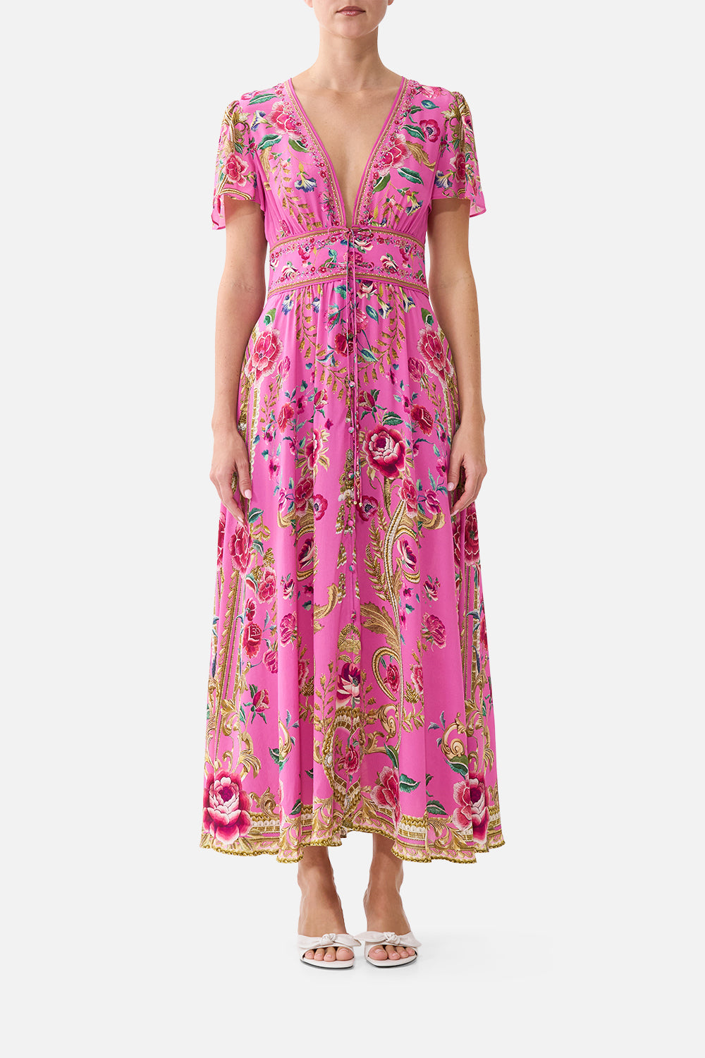 V-NECK TIE FRONT MIDI DRESS MATADORA FLORA
