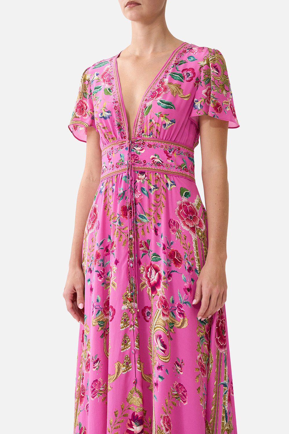 V-NECK TIE FRONT MIDI DRESS MATADORA FLORA