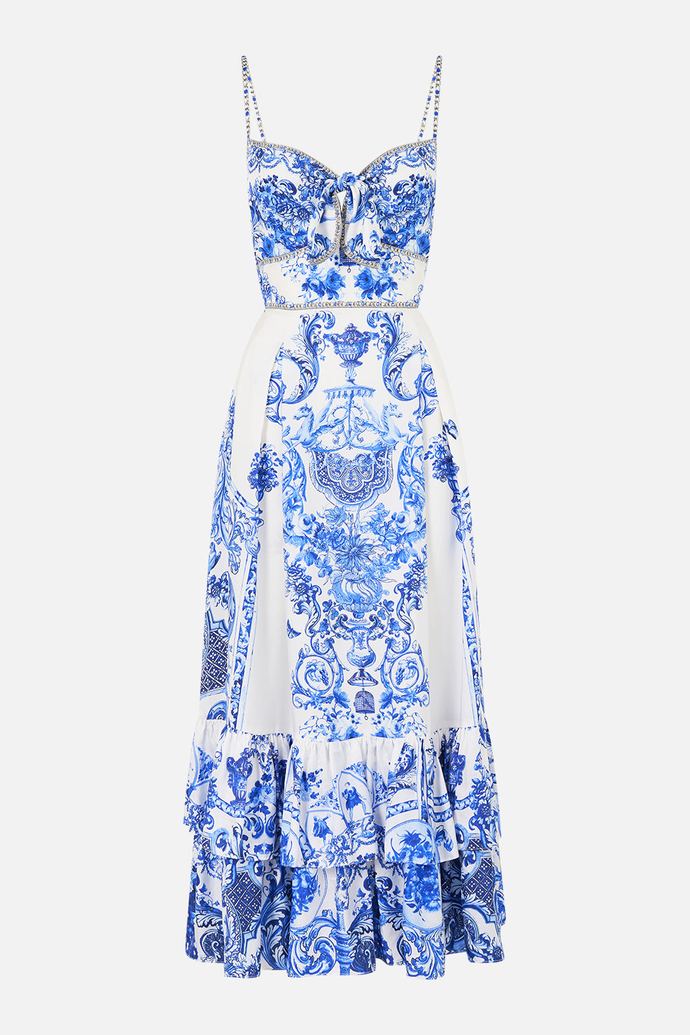 RUFFLE HEM TIE FRONT MIDI DRESS CERAMIC PANORAMIC