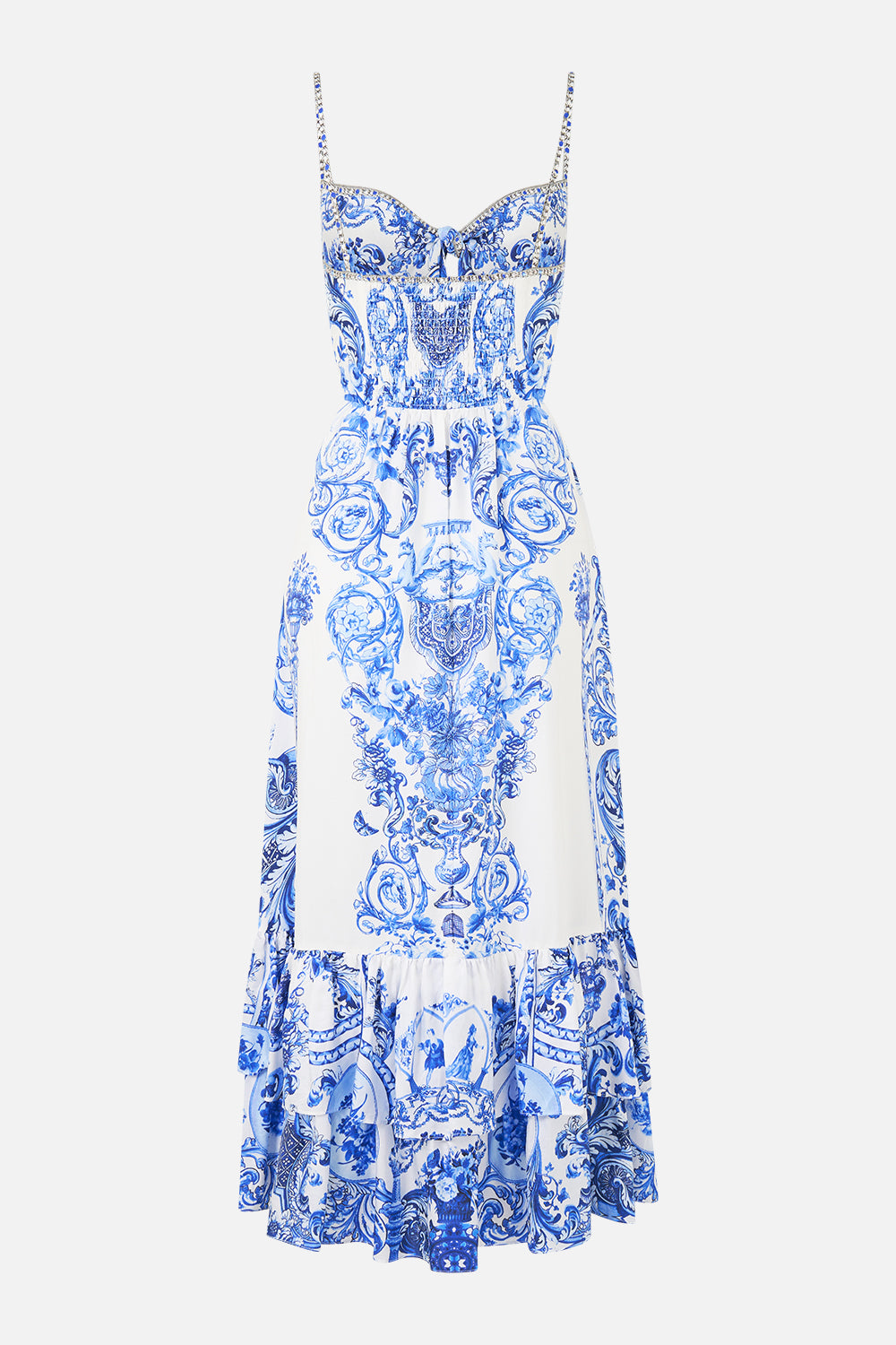 RUFFLE HEM TIE FRONT MIDI DRESS CERAMIC PANORAMIC