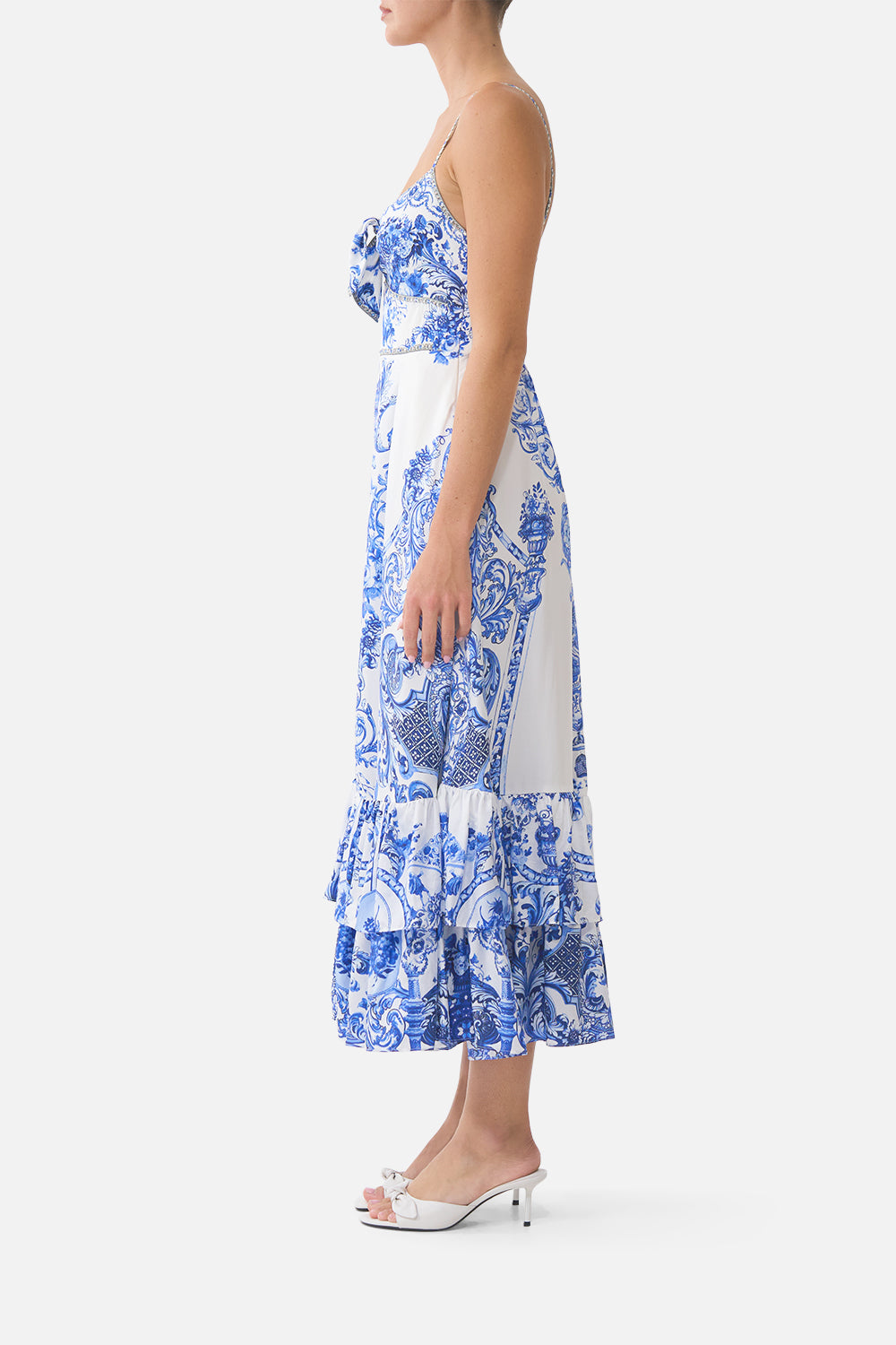 RUFFLE HEM TIE FRONT MIDI DRESS CERAMIC PANORAMIC