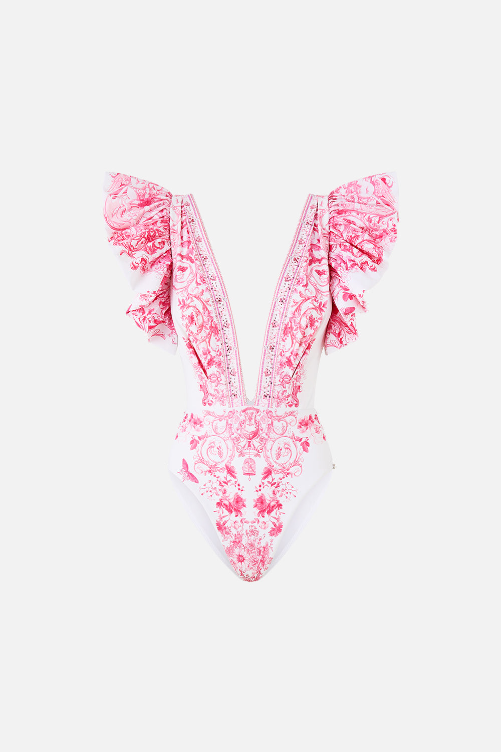 The CAMILLA PLUNGE ONE PIECE WITH PLEATED RUFFLE SLEEVES LIVIN LA VIDA ROSA