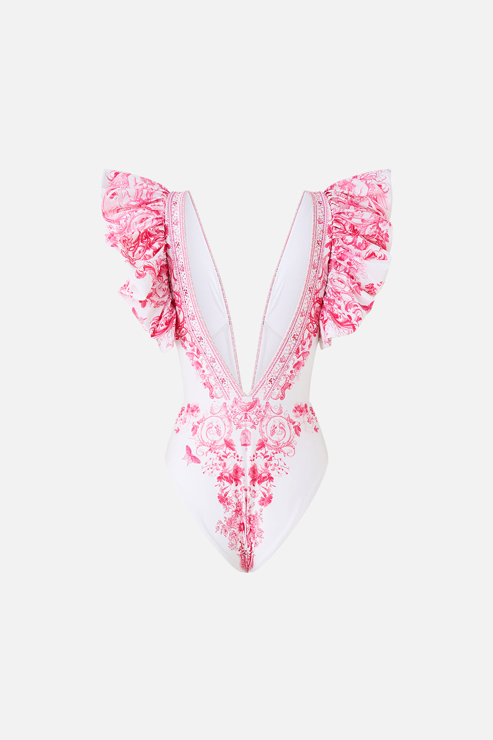 The CAMILLA PLUNGE ONE PIECE WITH PLEATED RUFFLE SLEEVES LIVIN LA VIDA ROSA