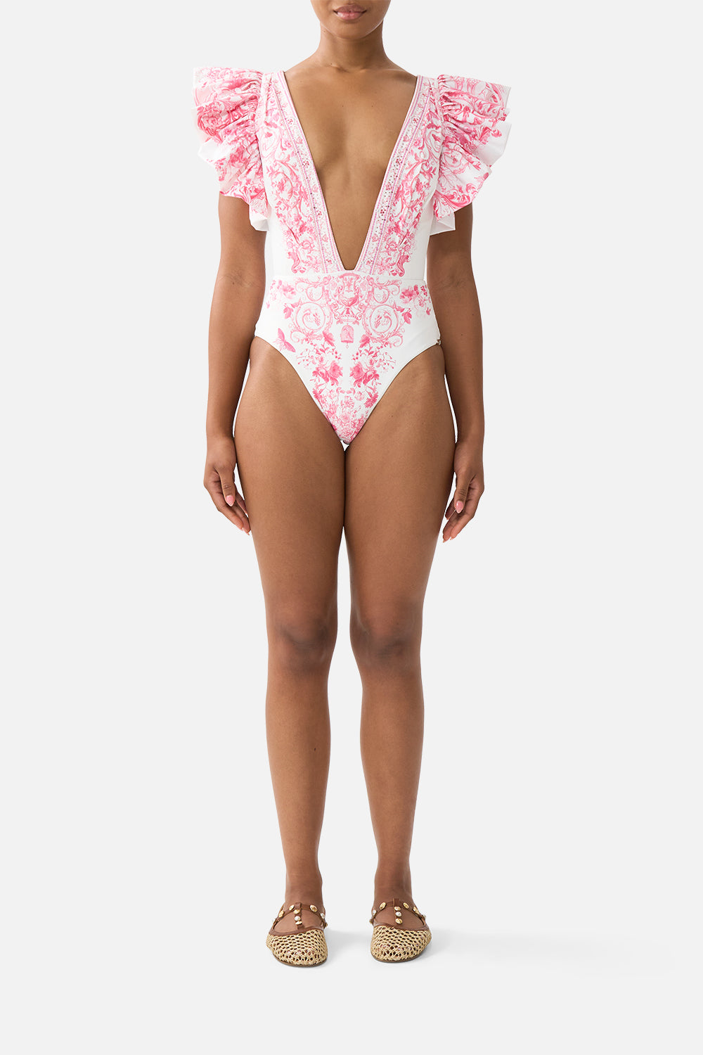 The CAMILLA PLUNGE ONE PIECE WITH PLEATED RUFFLE SLEEVES LIVIN LA VIDA ROSALIVIN LA VIDA ROSA