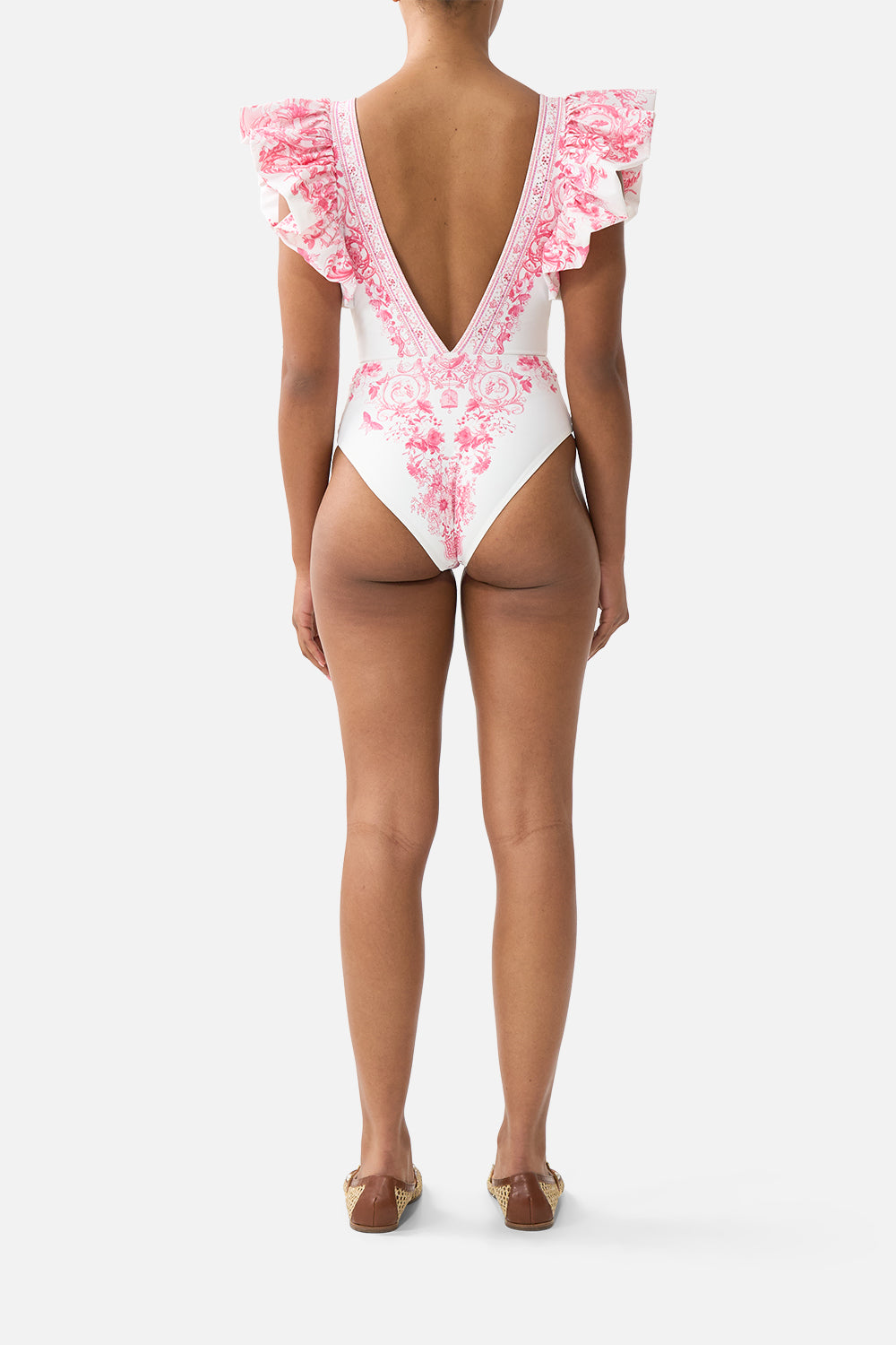 The CAMILLA PLUNGE ONE PIECE WITH PLEATED RUFFLE SLEEVES LIVIN LA VIDA ROSA