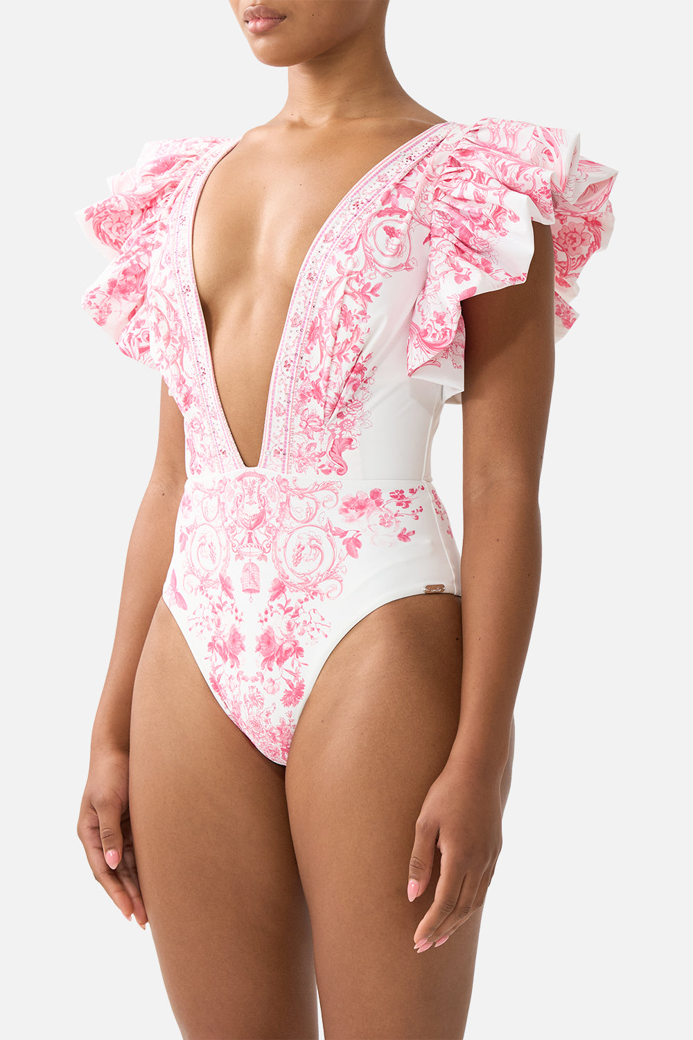 The CAMILLA PLUNGE ONE PIECE WITH PLEATED RUFFLE SLEEVES LIVIN LA VIDA ROSA