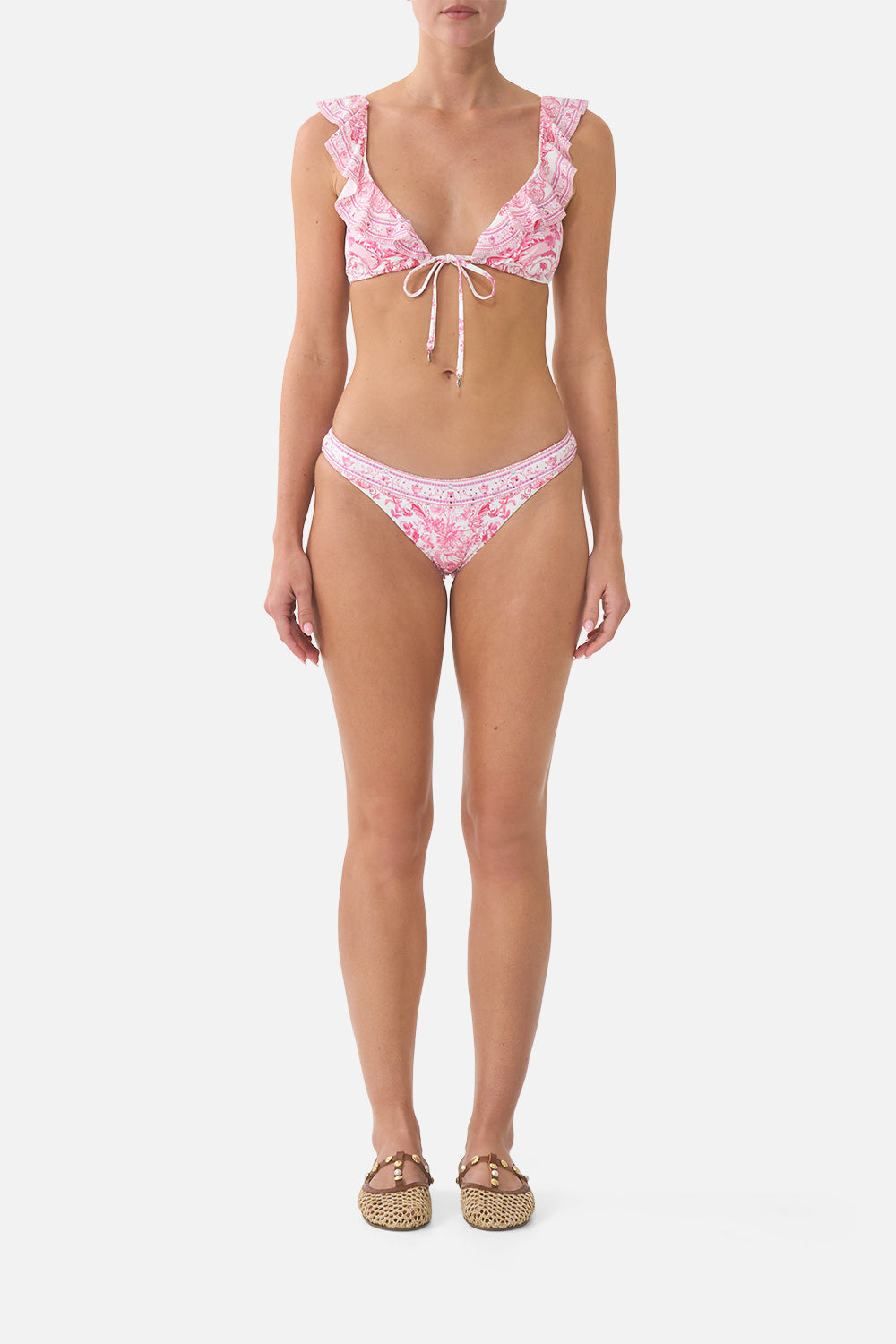 TIE FRONT TRI BIKINI TOP WITH FRILL NECK LIVIN LA VIDA ROSA