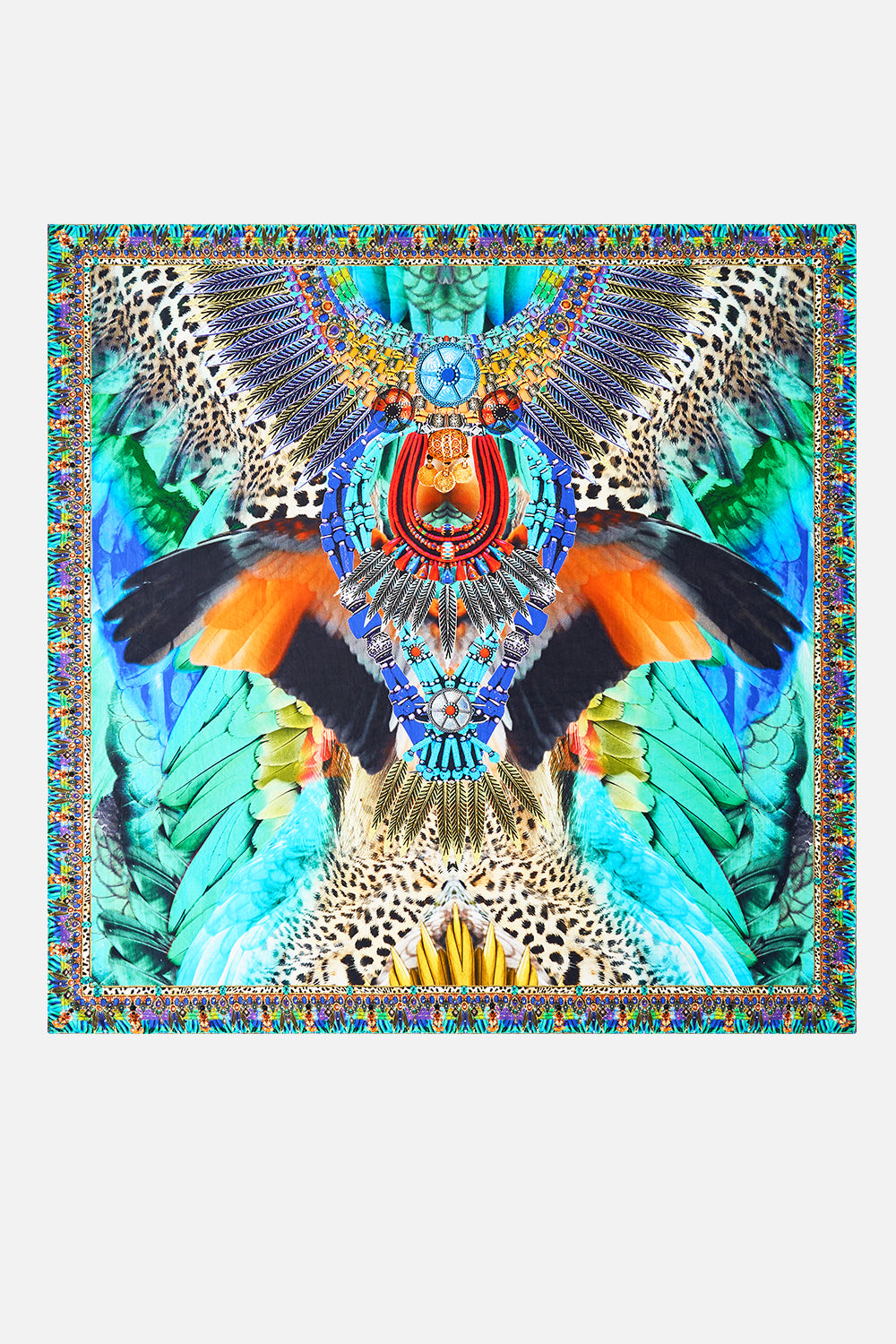 LARGE CRYSTALLED SILK SQUARE SCARF JUNGLE FLIGHT