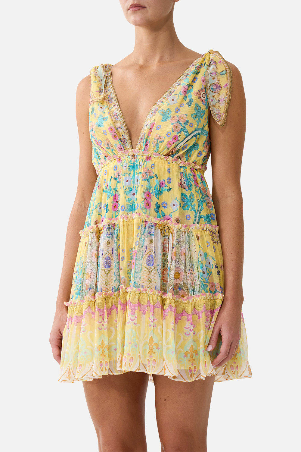 The CAMILLA TIERED SHORT DRESS WITH SHOULDER TIES BARCELONA BEBE