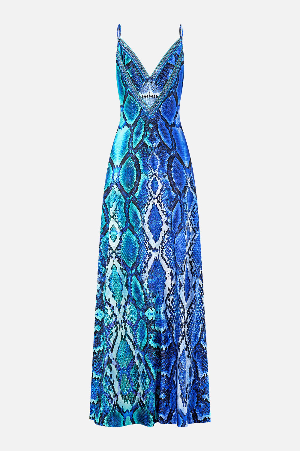 V NECK FULL LENGTH BIAS SLIP DRESS THE SAPPHIRE SERPENT