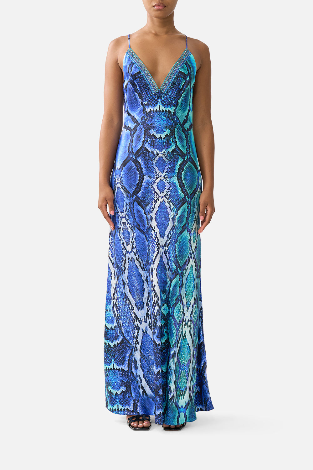 V NECK FULL LENGTH BIAS SLIP DRESS THE SAPPHIRE SERPENT