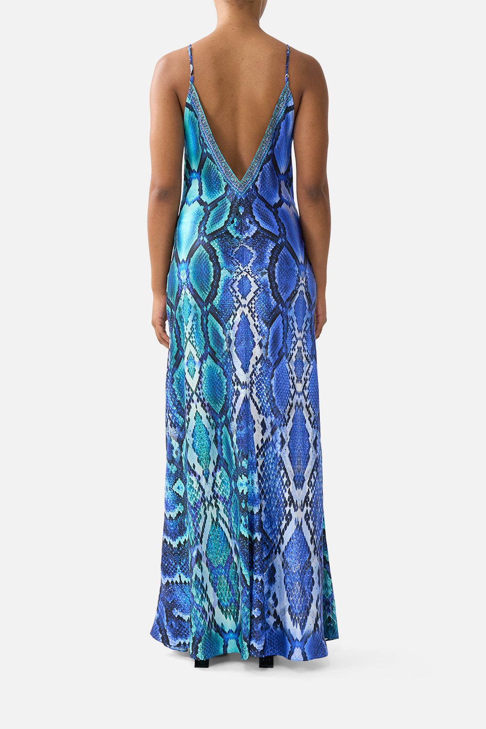 V NECK FULL LENGTH BIAS SLIP DRESS THE SAPPHIRE SERPENT