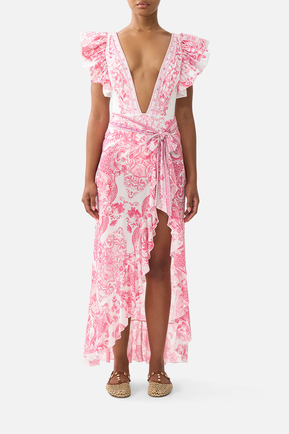 LONG SARONG WITH TIE WAIST AND FRILL EDGE LIVIN LA VIDA ROSA